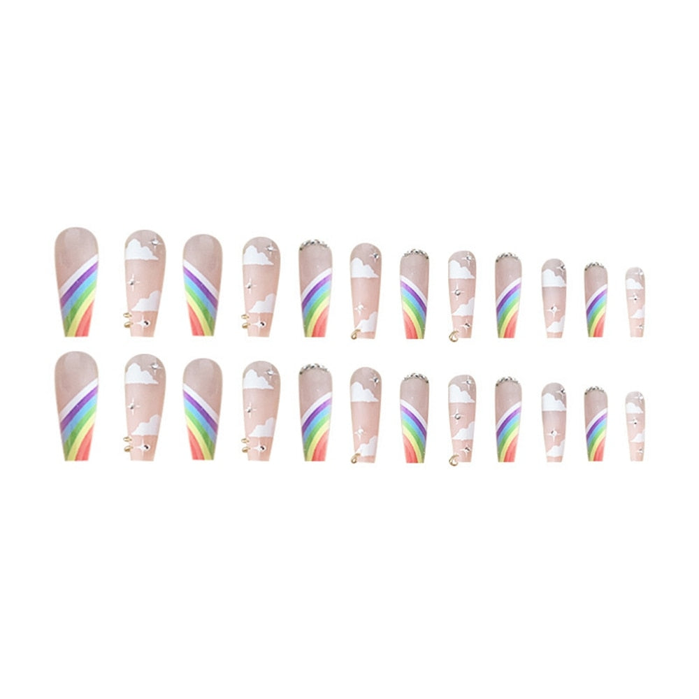 24Pcs Vintage French Long Ballet False Nails With Gold Foil Pearl Rhinestone Design Full Cover Press On Nail Tips Fake Nails humolife