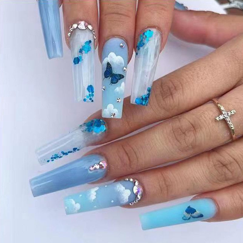 24pcs Long Coffin False Nails With Glue Wearable Ballerina Fake Nails With Design Rhinestone Full Cover Nail Tips Press On Nails humolife