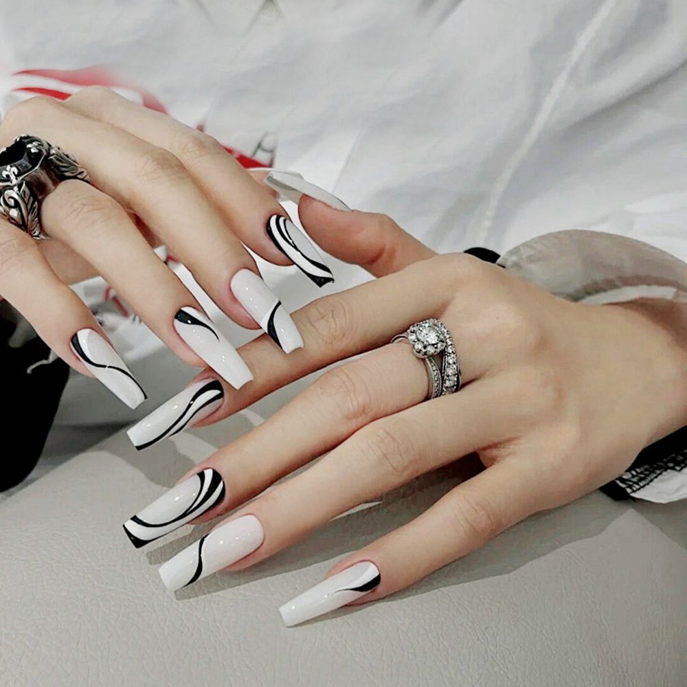 Black And Green Wave Line False Nails French Ballerina Long Coffin Fake Nails Press On Nail Tips nail supplies for professionals humolife