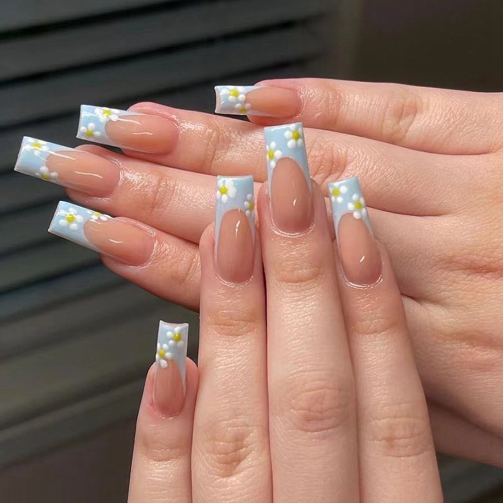 24Pcs Ballet French Coffin False Nails With Flowers Diamonds Designs Press On Fake Nails Detachable Acrylic Manicure Tips humolife