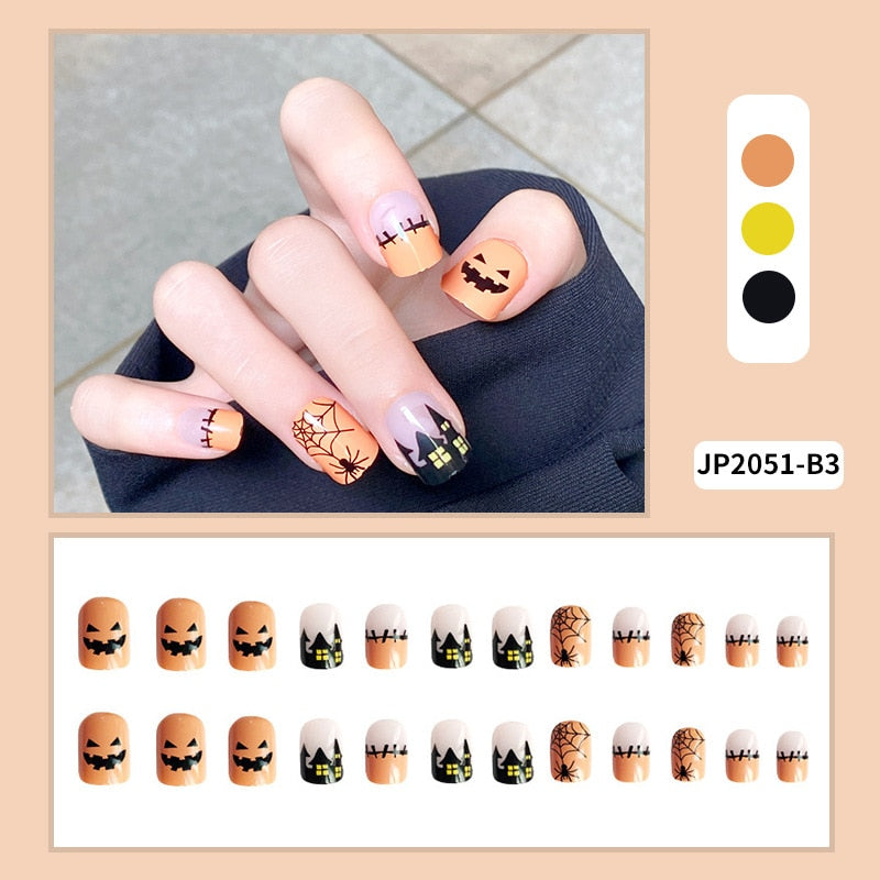 24Pcs Halloween False Nails Wearable French Long Fake Nails Coffin Ballet Press on Nail Black Pumpkin Patch Design Manicure Tips humolife