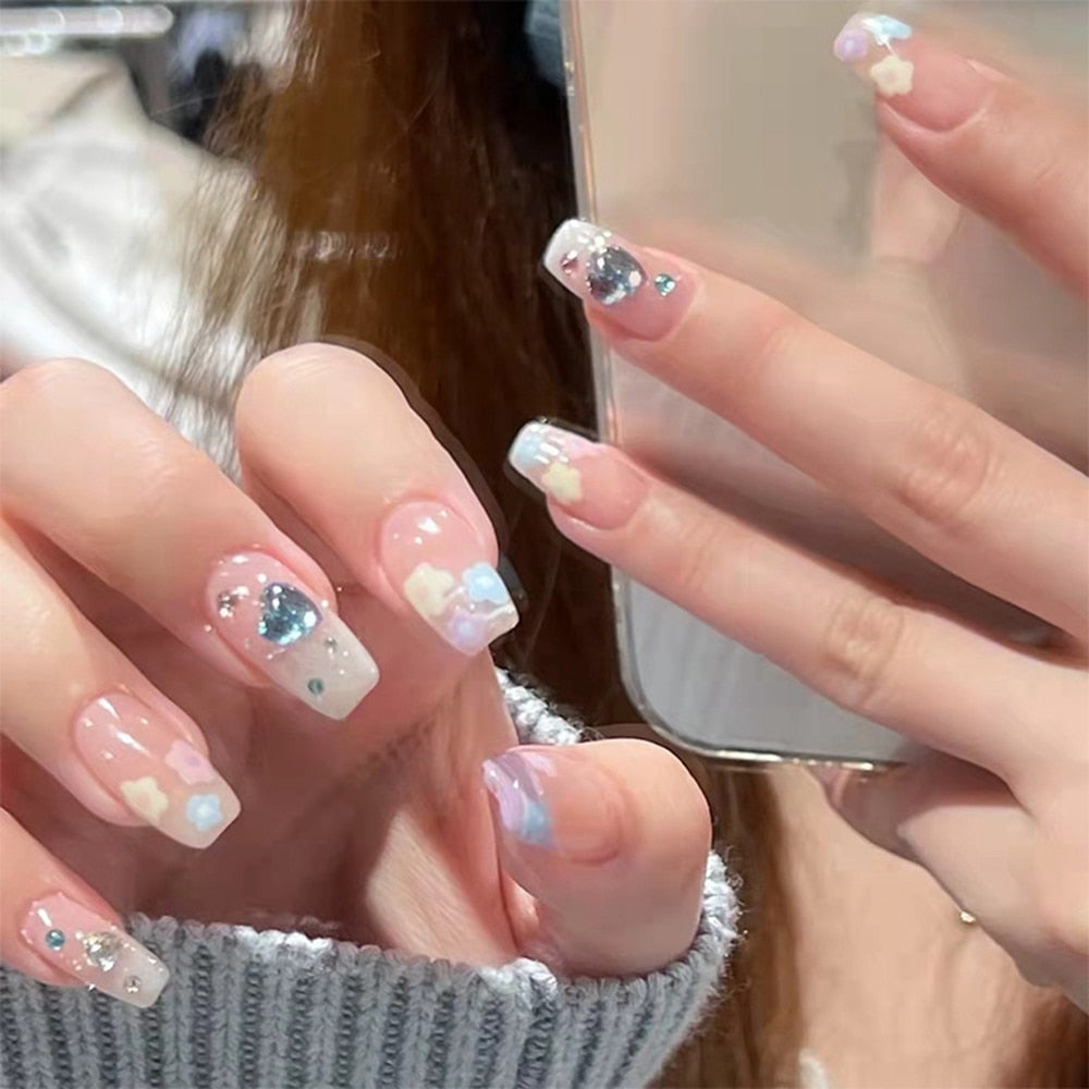 Long Coffin False Nails Aurora Butterfly with designs French Ballerina fake Nails wearable nail stickers Full Cover Nail Tips humolife