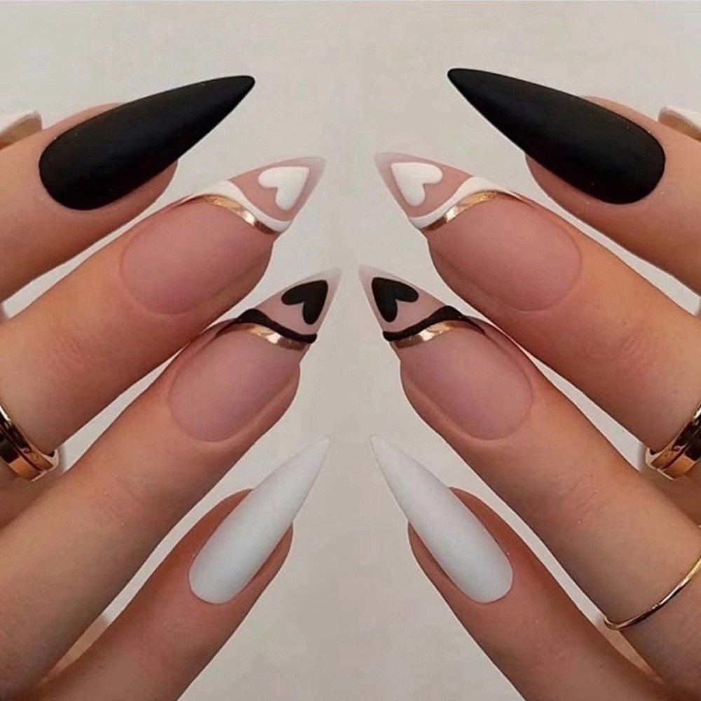 Stiletto False Nails Full Cover Nail Tips Almond Fake Nails With Heart Gold Line Pearl Design Press On Nails Full Cover Nail Tip humolife