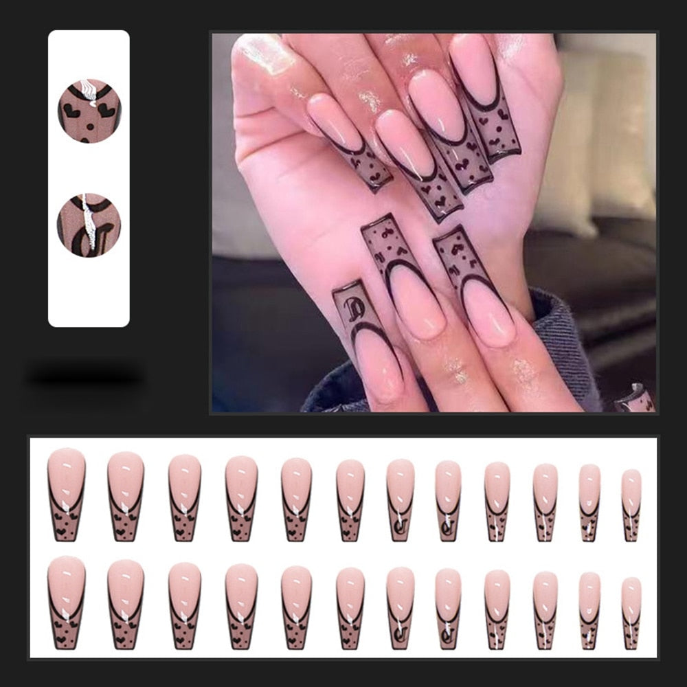 24pcs Press On Tips Nails Long Coffin False Nails Black Deep V Shape With Rhinestones Leopard Full Cover Fake Nails Nail Tips humolife