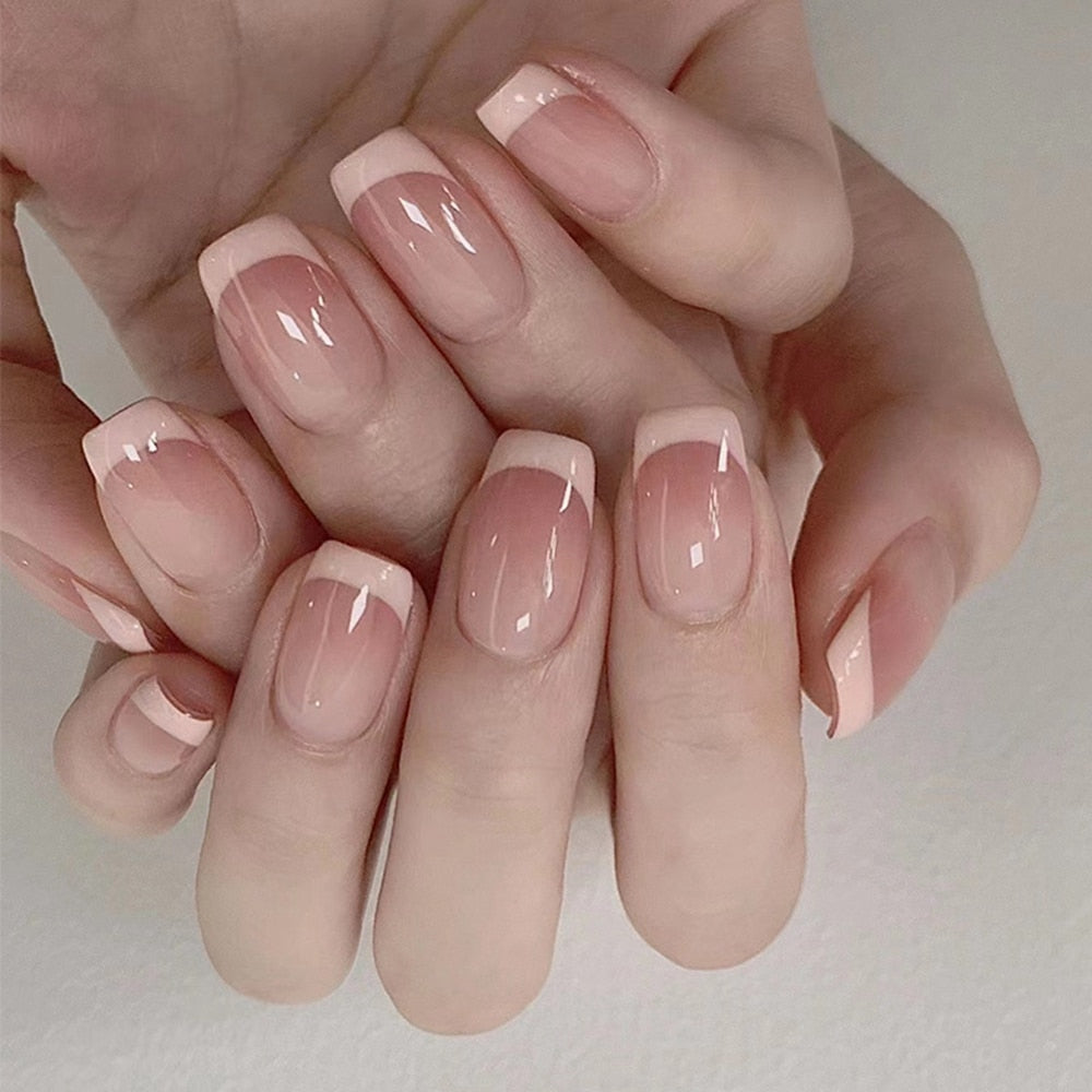 24Pcs/Box Charming Pink Flame Short Ballet Wearable Fake Nails press on Square Head Full Cover Detachable Finished Fingernails humolife