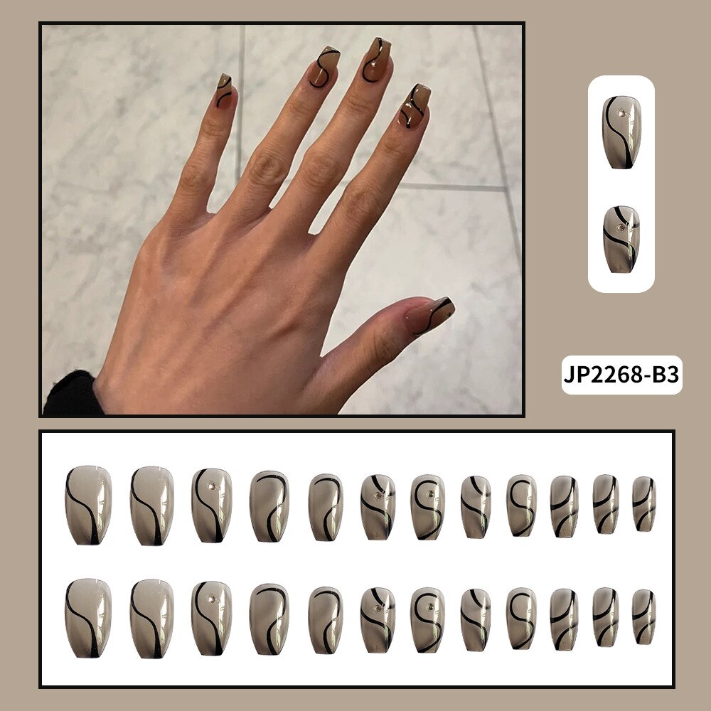 24pcs Long Coffin False Nails With Glue Wearable Ballerina Fake Nails With Design Rhinestone Full Cover Nail Tips Press On Nails humolife