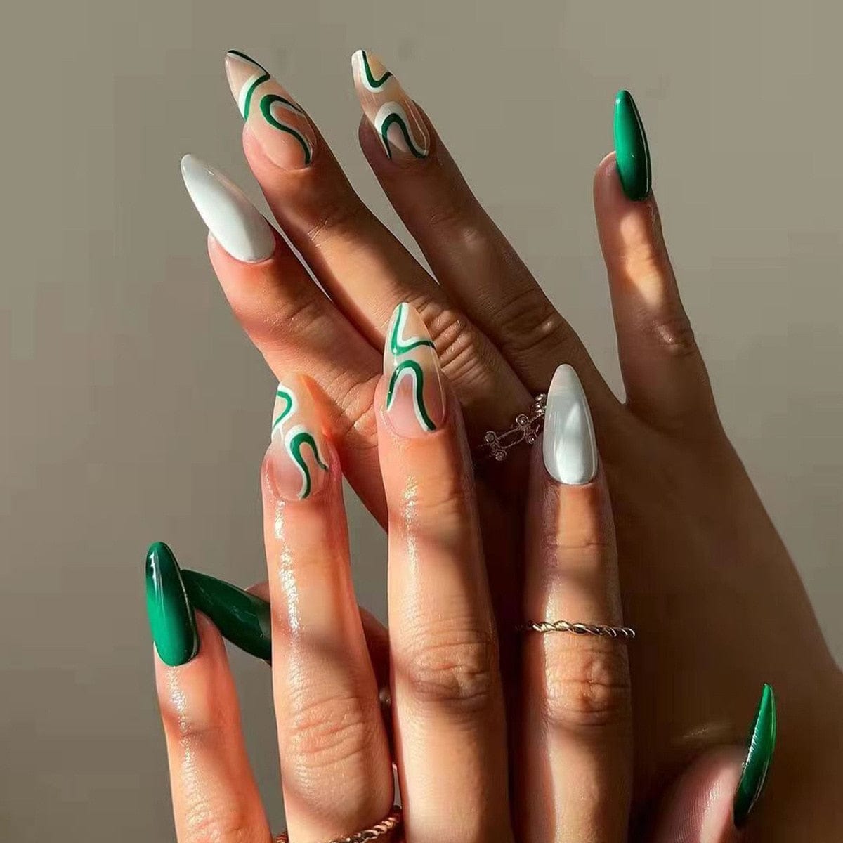 Stiletto False Nails Full Cover Nail Tips Almond Fake Nails With Heart Gold Line Pearl Design Press On Nails Full Cover Nail Tip humolife