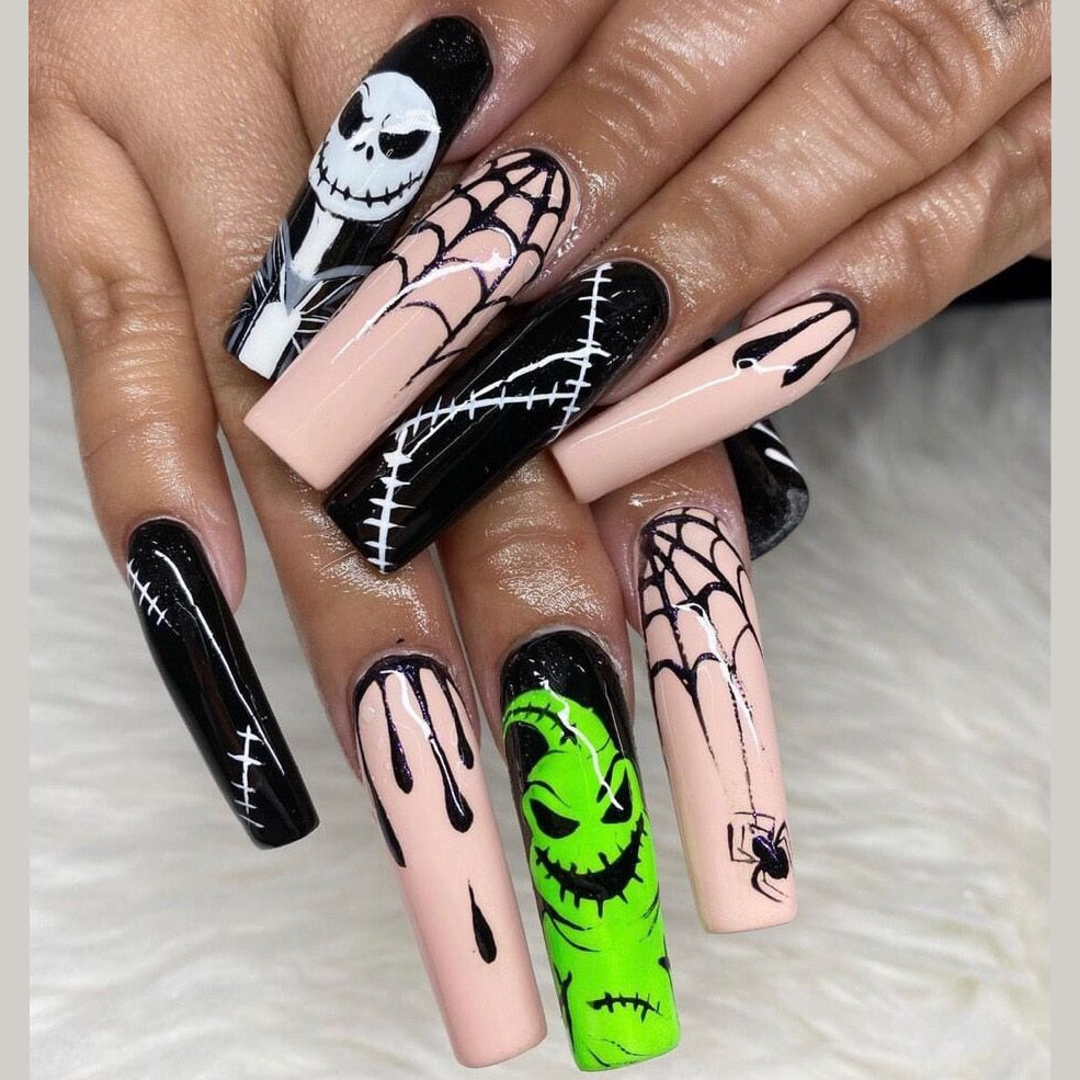 24Pcs Halloween False Nails Wearable French Long Fake Nails Coffin Ballet Press on Nail Black Pumpkin Patch Design Manicure Tips humolife