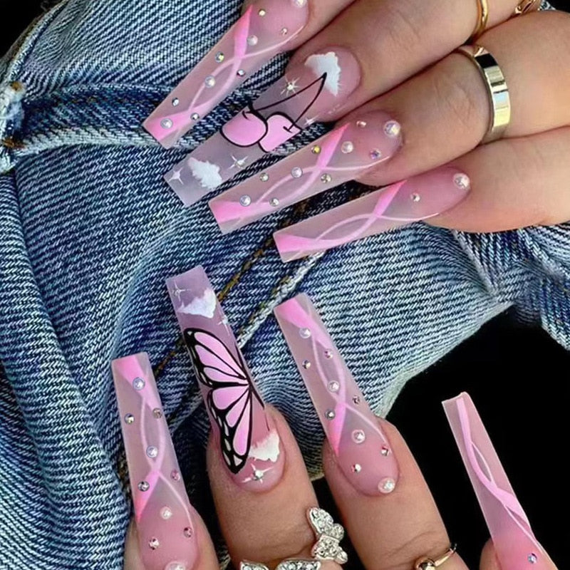 24pcs Long Coffin False Nails With Glue Wearable Ballerina Fake Nails With Design Rhinestone Full Cover Nail Tips Press On Nails humolife