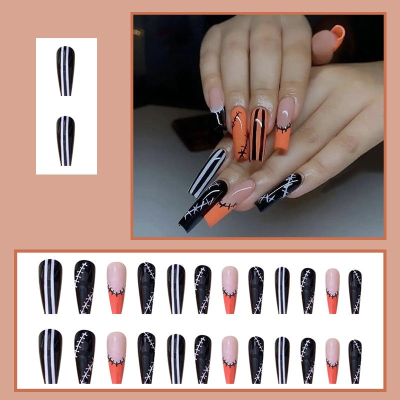 24Pcs Halloween False Nails Wearable French Long Fake Nails Coffin Ballet Press on Nail Black Pumpkin Patch Design Manicure Tips humolife
