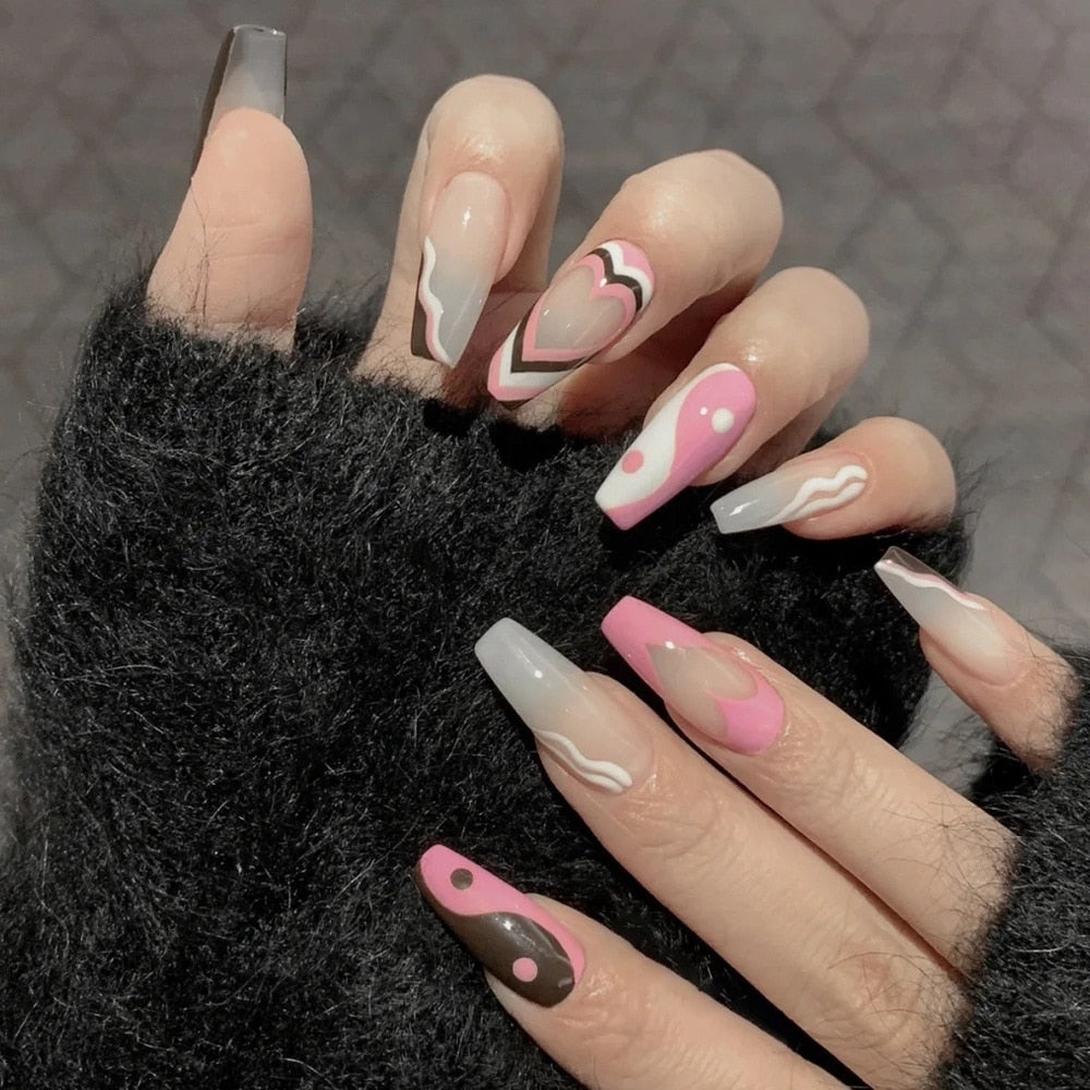 24Pcs/Box Charming Pink Flame Short Ballet Wearable Fake Nails press on Square Head Full Cover Detachable Finished Fingernails humolife