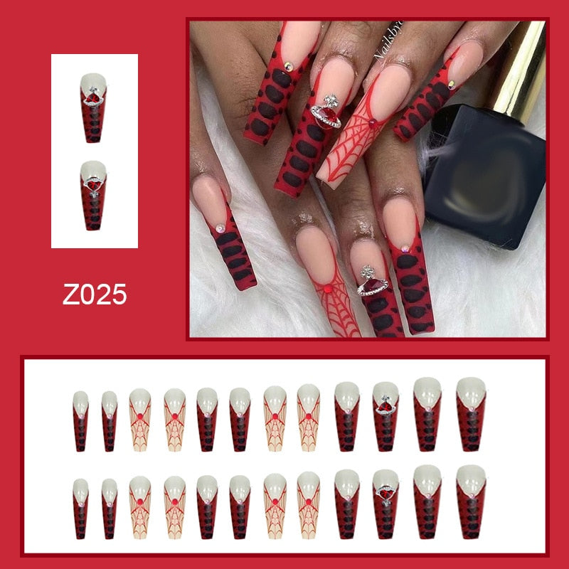 24pcs Press On Tips Nails Long Coffin False Nails Red Rhinestone Full Cover French Ballerina Fake Nails Nail Tips Manicure Tool humolife