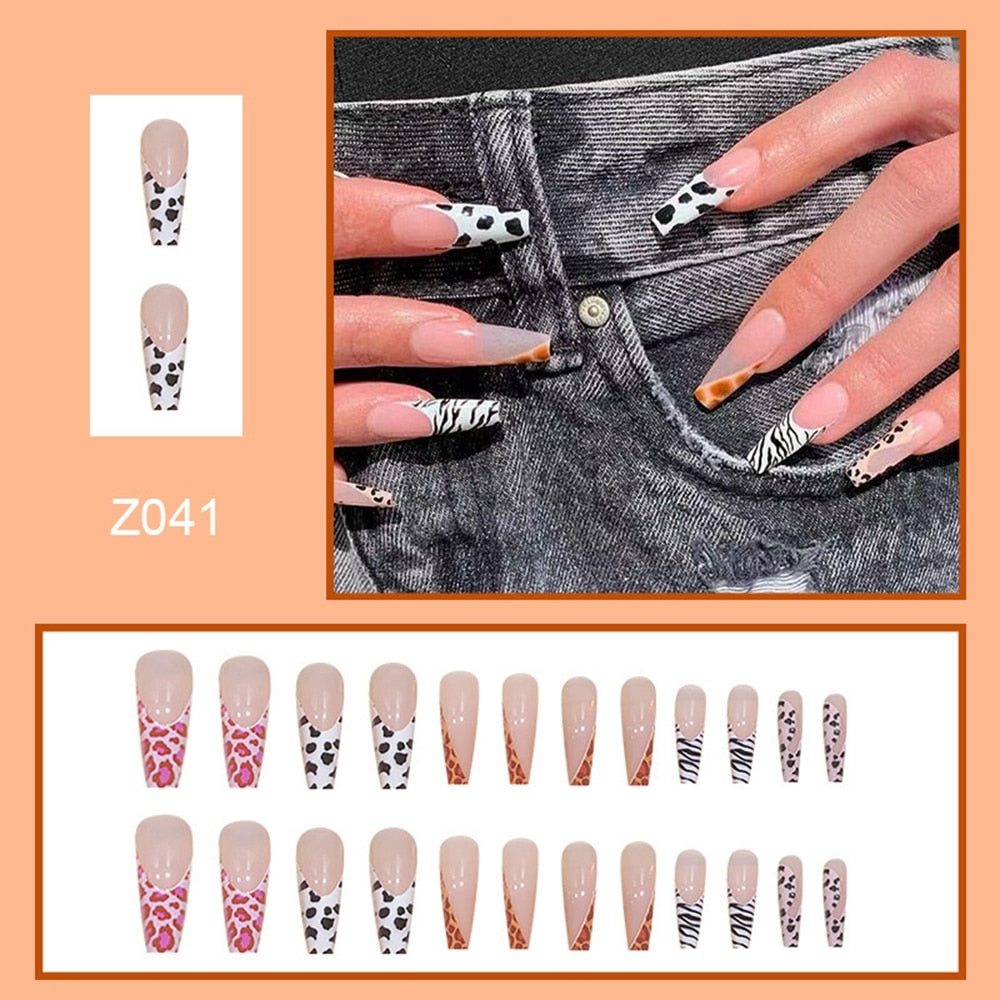 24pcs Press On Tips Nails Long Coffin False Nails Black Deep V Shape With Rhinestones Leopard Full Cover Fake Nails Nail Tips humolife