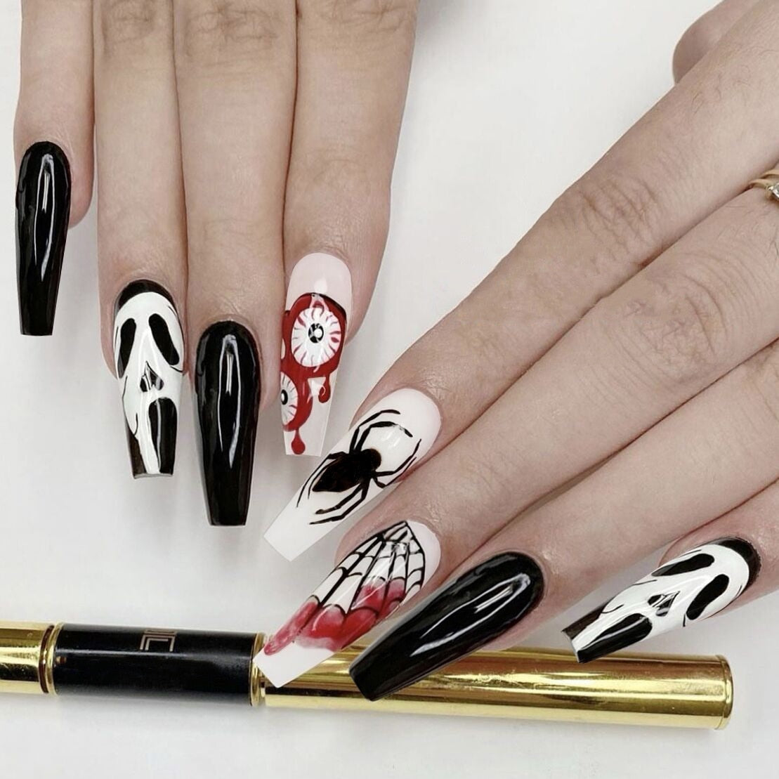 24Pcs Halloween False Nails Wearable French Long Fake Nails Coffin Ballet Press on Nail Black Pumpkin Patch Design Manicure Tips humolife