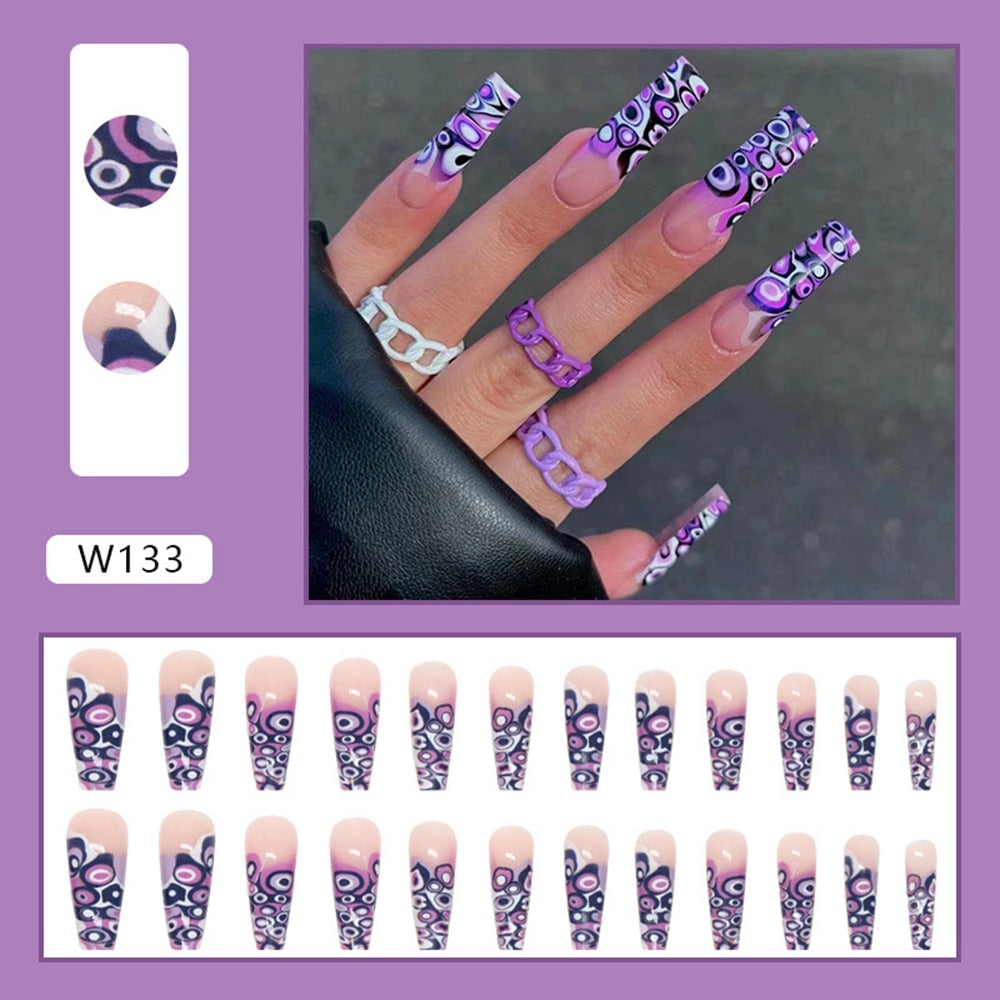 24Pcs Detachable Artificial Fake Nails French Purple Grape Blue wave Design Long Ballet Coffin Press On Nail False Manicure Tips humolife