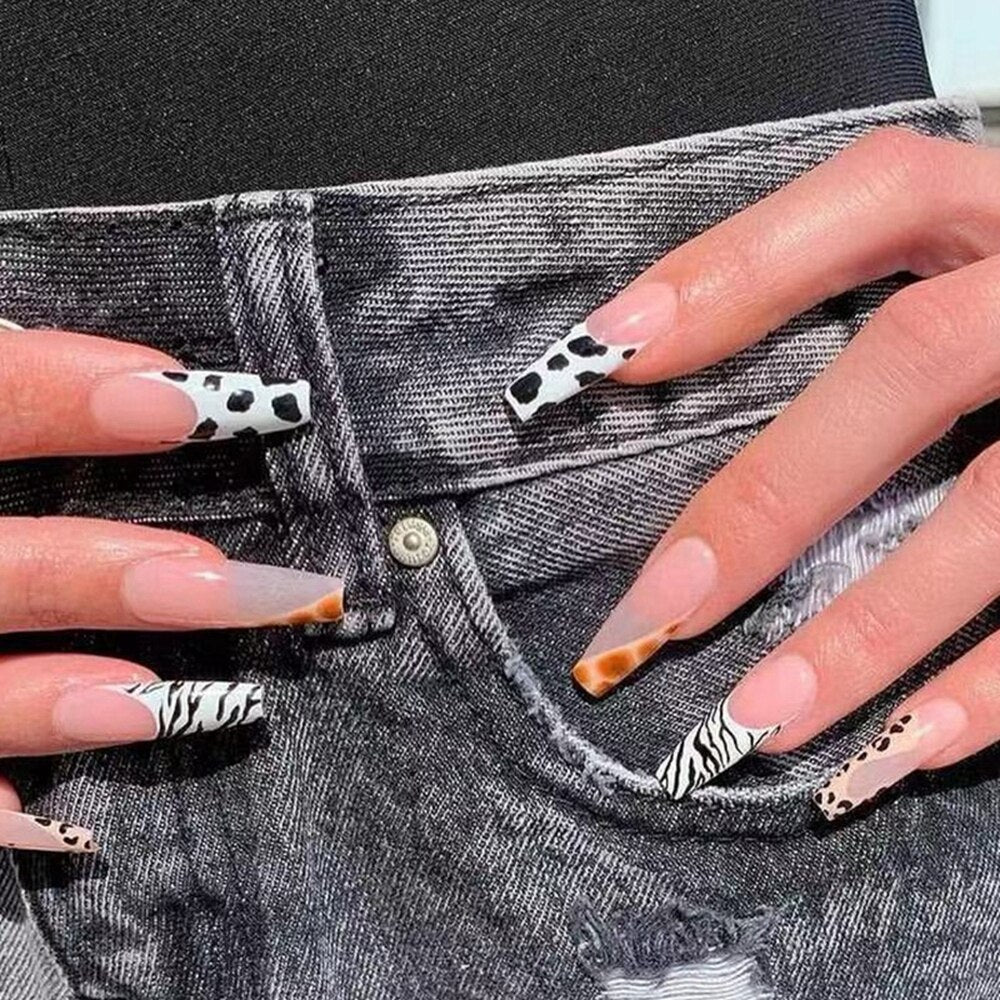 24pcs Press On Tips Nails Long Coffin False Nails Black Deep V Shape With Rhinestones Leopard Full Cover Fake Nails Nail Tips humolife