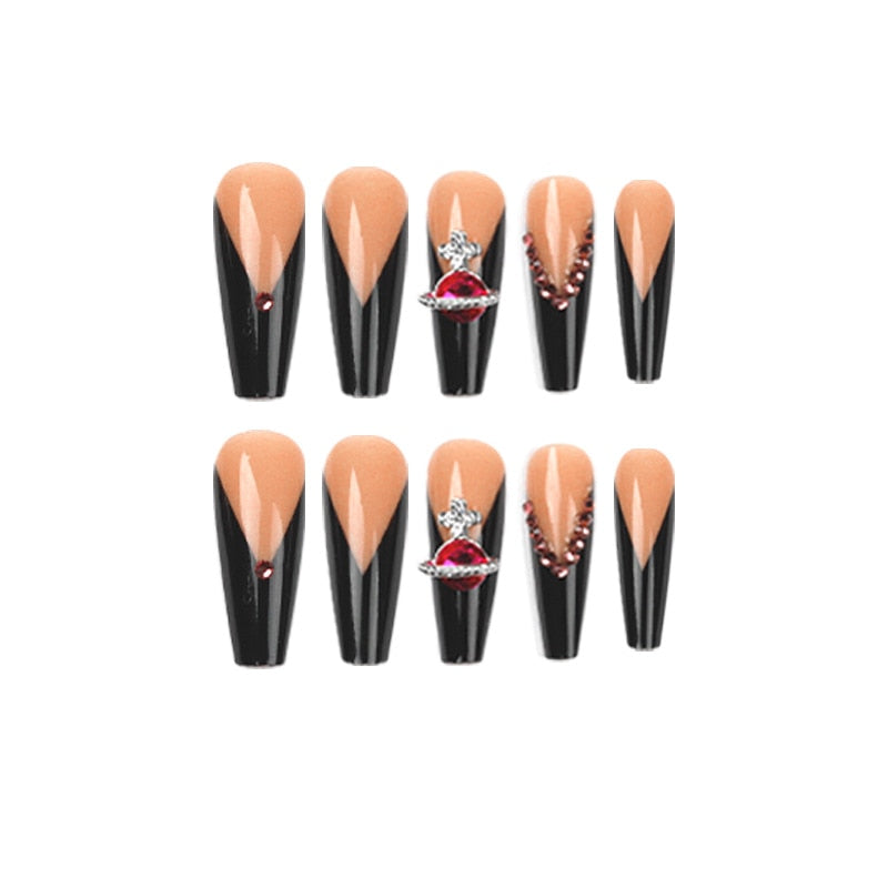 24pcs Press On Tips Nails Long Coffin False Nails Red Rhinestone Full Cover French Ballerina Fake Nails Nail Tips Manicure Tool humolife
