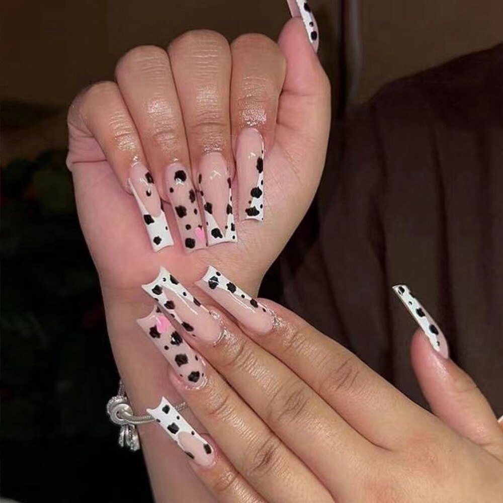 24pcs Press On Tips Nails Long Coffin False Nails Black Deep V Shape With Rhinestones Leopard Full Cover Fake Nails Nail Tips humolife