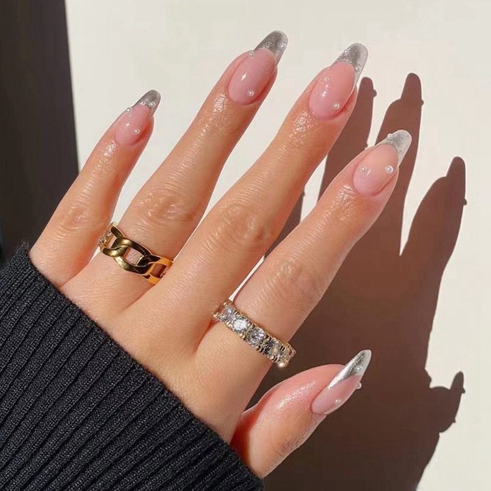 Stiletto False Nails Full Cover Nail Tips Almond Fake Nails With Heart Gold Line Pearl Design Press On Nails Full Cover Nail Tip humolife