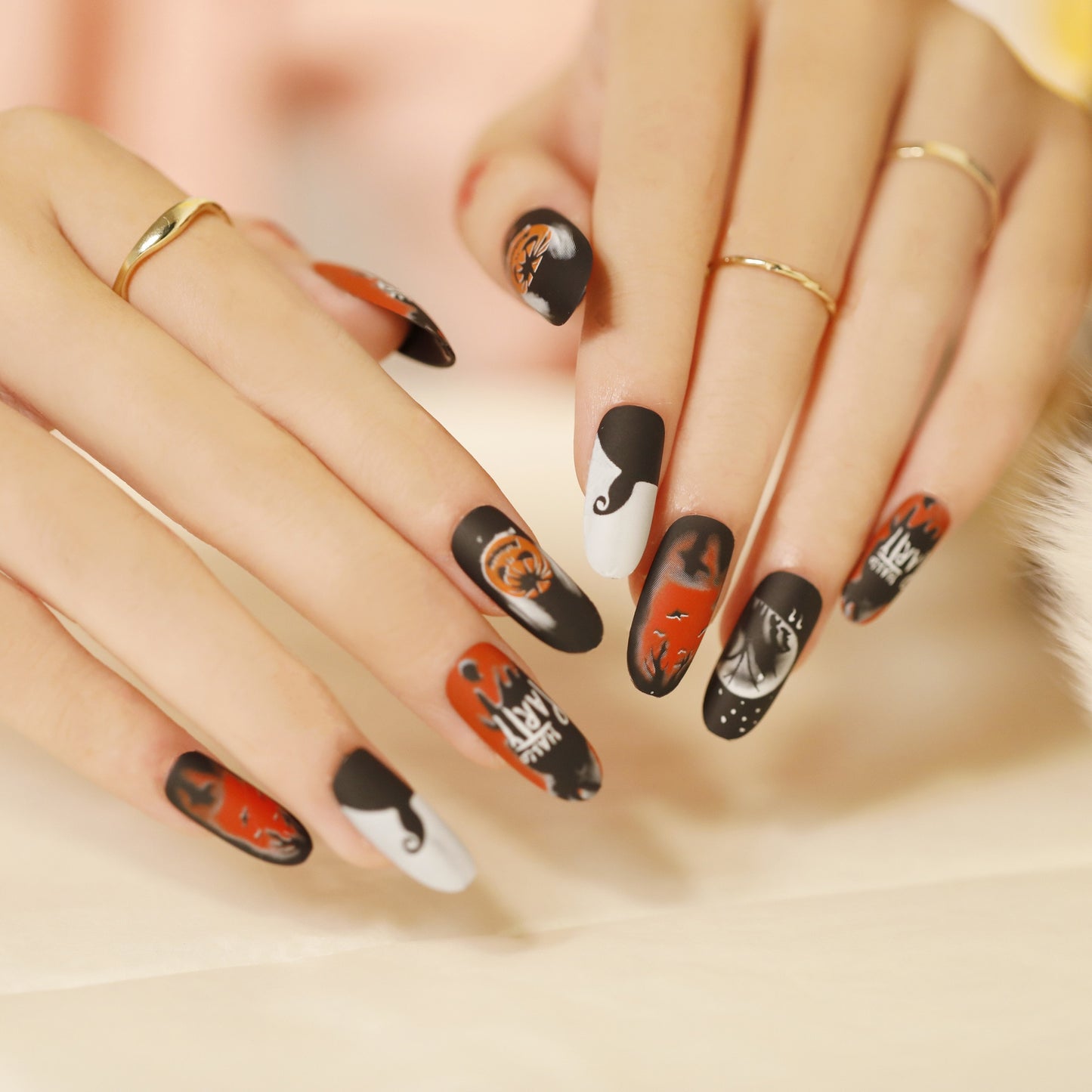 24Pcs Halloween False Nails Wearable French Long Fake Nails Coffin Ballet Press on Nail Black Pumpkin Patch Design Manicure Tips humolife