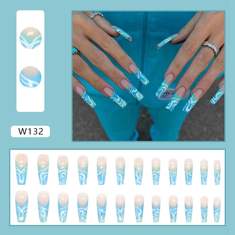 24Pcs Detachable Artificial Fake Nails French Purple Grape Blue wave Design Long Ballet Coffin Press On Nail False Manicure Tips humolife