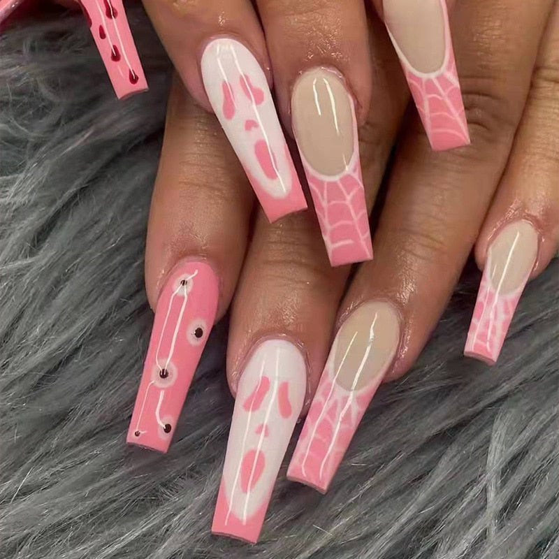 24Pcs Halloween False Nails Wearable French Long Fake Nails Coffin Ballet Press on Nail Black Pumpkin Patch Design Manicure Tips humolife
