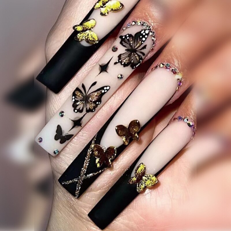24Pcs Full Cover False Nails Black French Butterfly Design Press on Nails with Rhinestones Ballet Fake Nails Wearable Nail Tips humolife