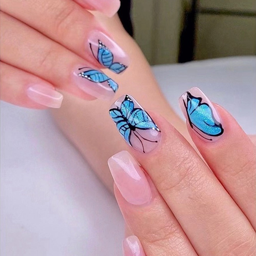 24pcs False Nail Full Cover Fake Nail Elegant Pink Gradient Glitter French Short Nails Coffin Short False Nail Press On Nails humolife