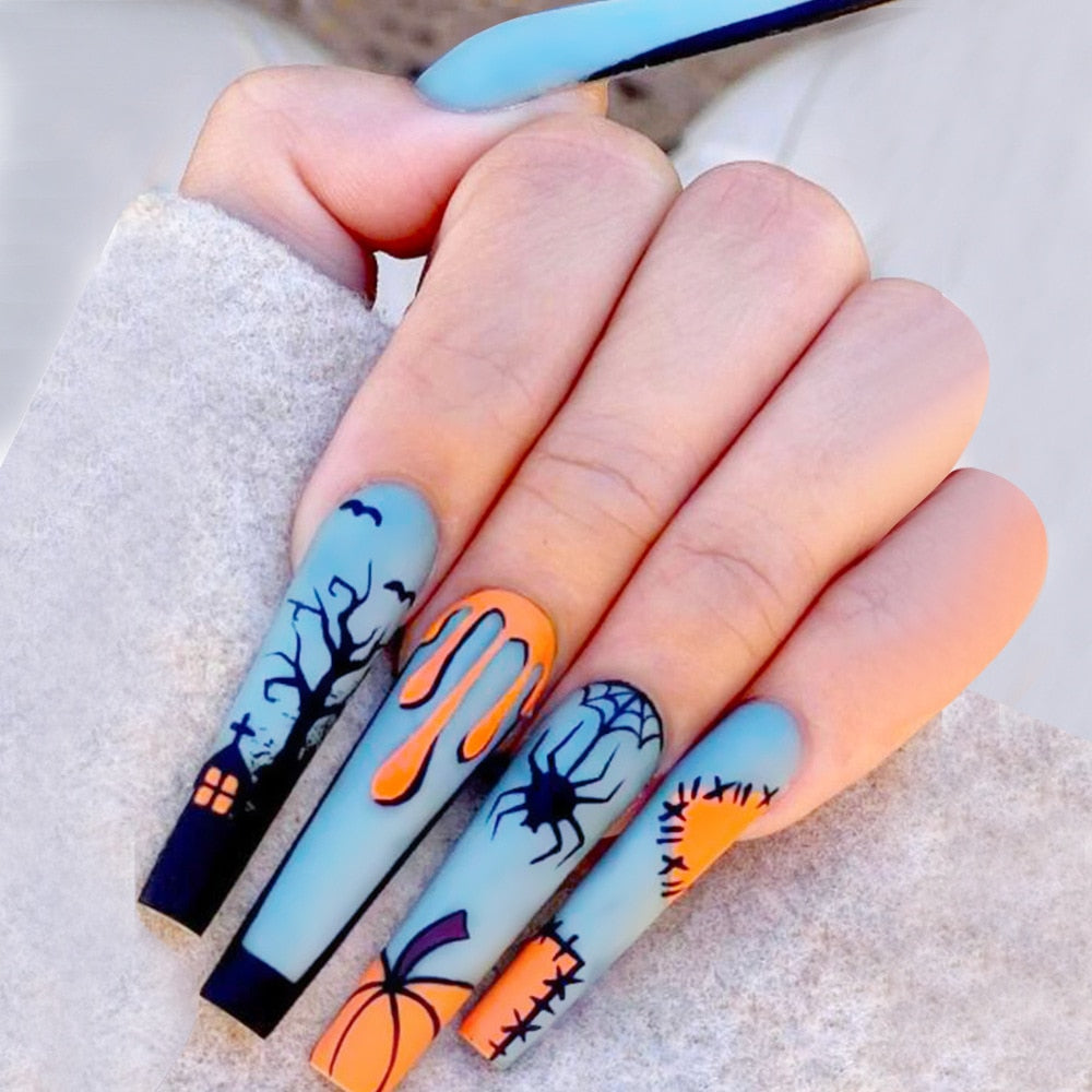24Pcs Halloween False Nails Wearable French Long Fake Nails Coffin Ballet Press on Nail Black Pumpkin Patch Design Manicure Tips humolife
