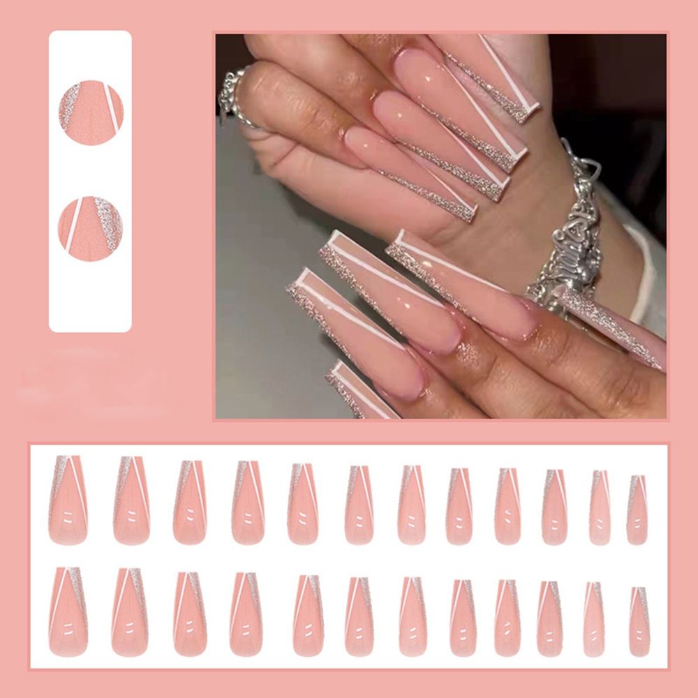 24pc Press On Nails Long Coffin Fake Nails Butterfly Design French False Nails Rhinestone Acrylic Fingernail Decal Ballerina Tip humolife
