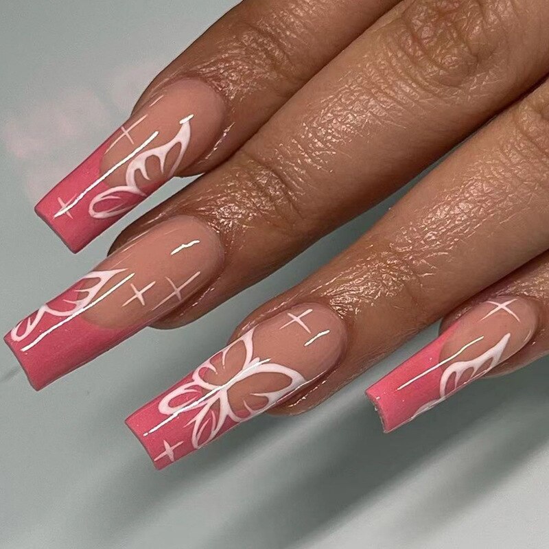 24 Pcs/Box Fake Nails Set Black White Design With Crown Extra Long Ballet Removable Nail Tips Full Cover Acrylic Coffin Nails humolife