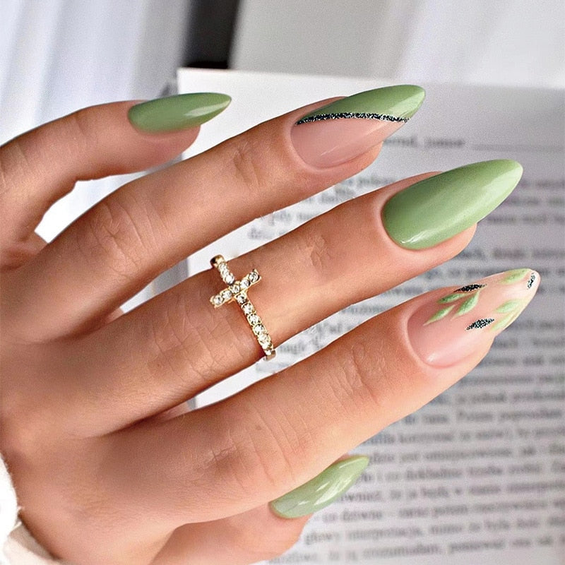 Stiletto False Nails Full Cover Nail Tips Almond Fake Nails With Heart Gold Line Pearl Design Press On Nails Full Cover Nail Tip humolife