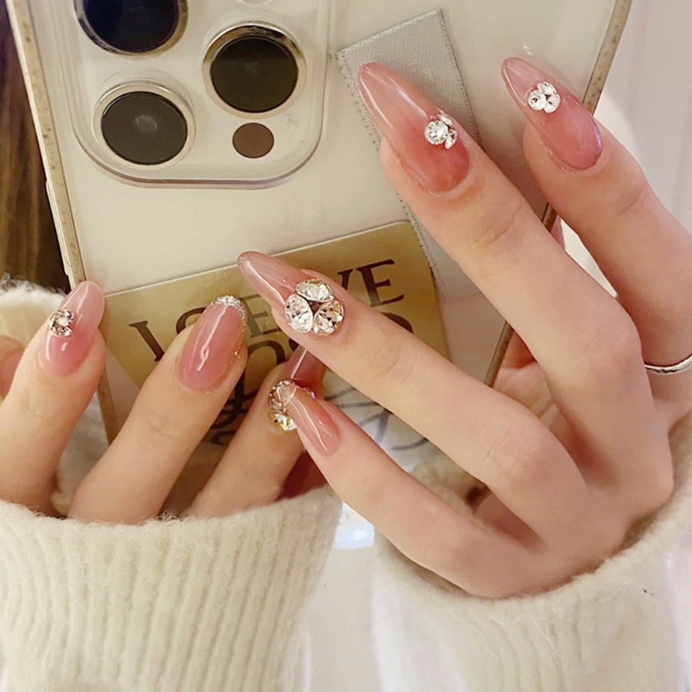 24 Pcs Nude Color nail tips Women Wearable Fake press on Nails with Diamond Short Round Full Cover artificial nails with Glue humolife