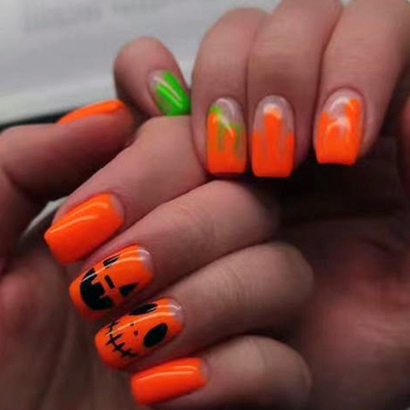 24Pcs Halloween False Nails Wearable French Long Fake Nails Coffin Ballet Press on Nail Black Pumpkin Patch Design Manicure Tips humolife