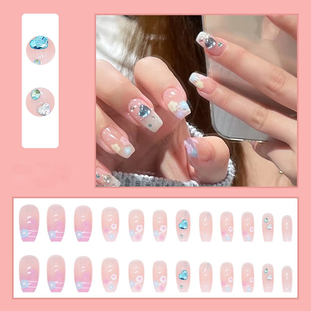 Long Coffin False Nails Aurora Butterfly with designs French Ballerina fake Nails wearable nail stickers Full Cover Nail Tips humolife