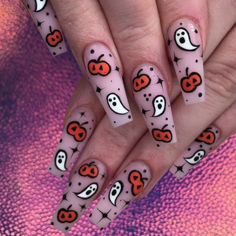 24Pcs Halloween False Nails Wearable French Long Fake Nails Coffin Ballet Press on Nail Black Pumpkin Patch Design Manicure Tips humolife