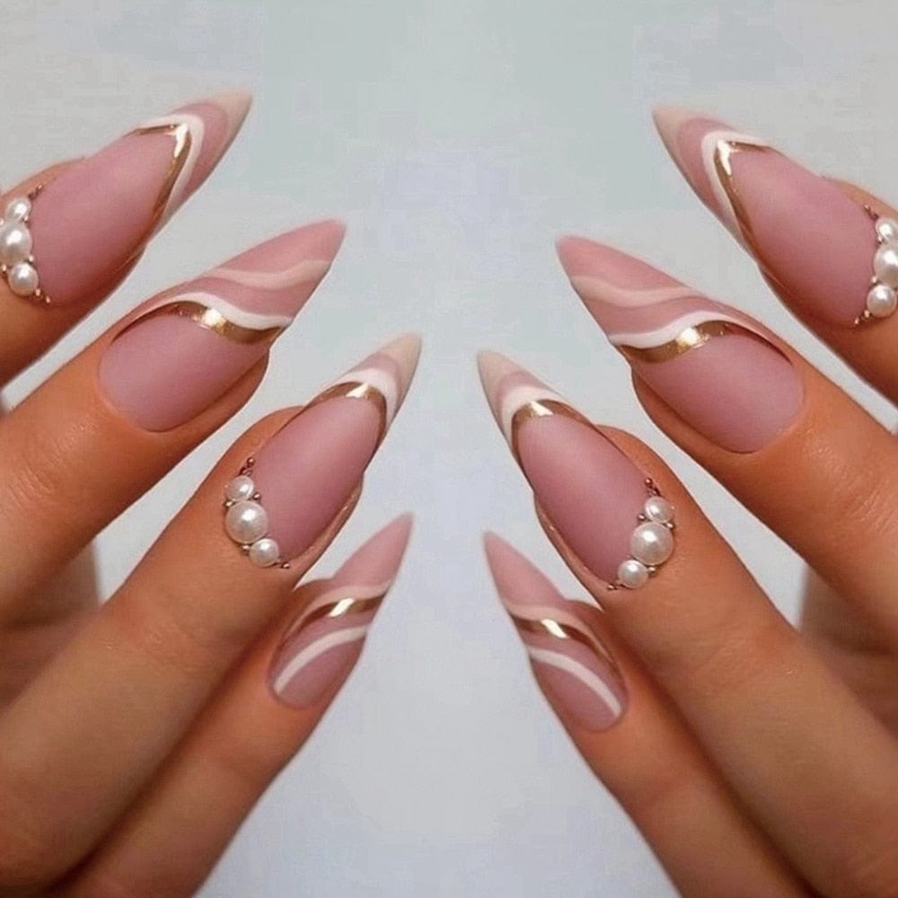 Stiletto False Nails Full Cover Nail Tips Almond Fake Nails With Heart Gold Line Pearl Design Press On Nails Full Cover Nail Tip humolife