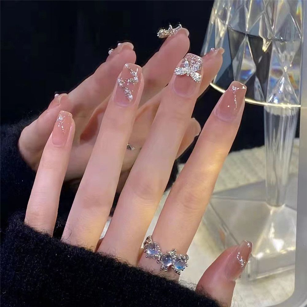 24pcs False Nail Full Cover Fake Nail Elegant Pink Gradient Glitter French Short Nails Coffin Short False Nail Press On Nails humolife