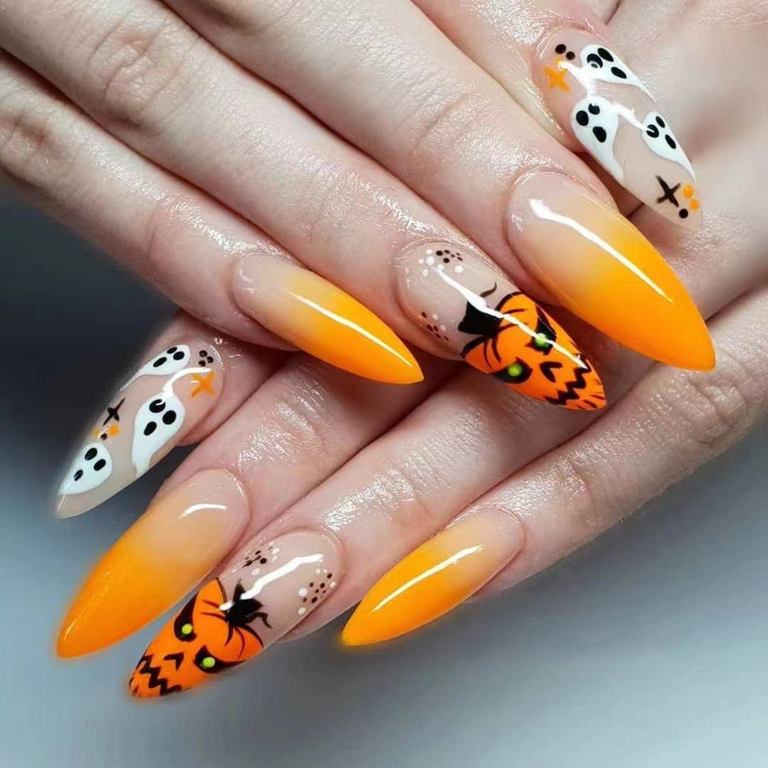 24Pcs Halloween False Nails Wearable French Long Fake Nails Coffin Ballet Press on Nail Black Pumpkin Patch Design Manicure Tips humolife