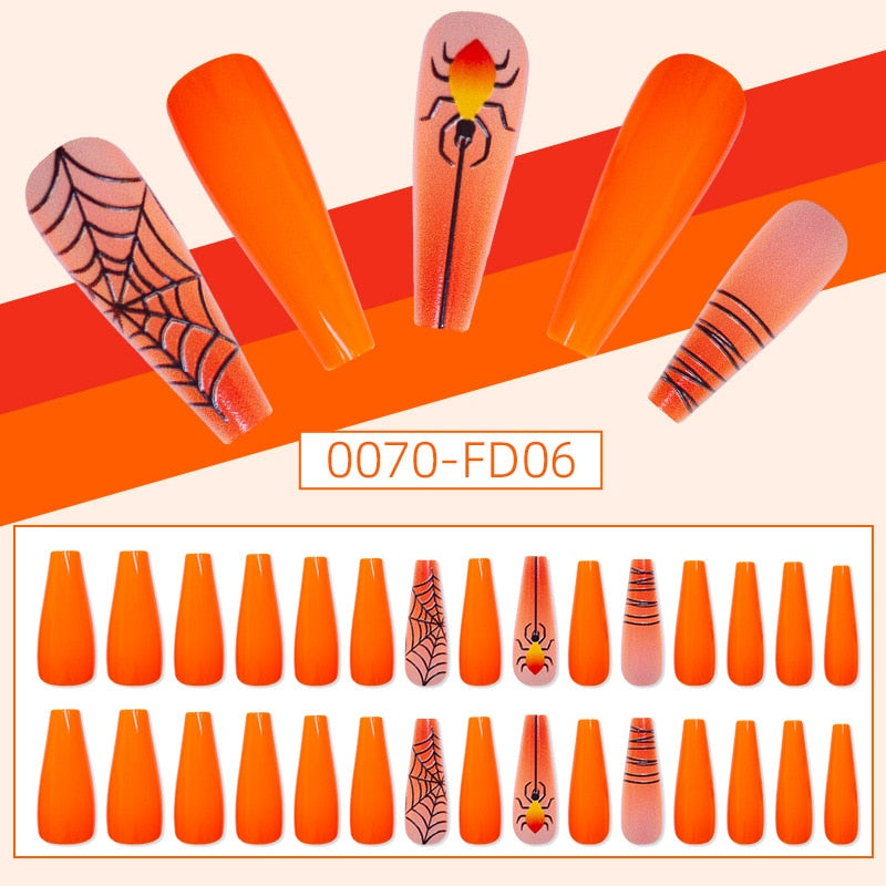 24Pcs Halloween False Nails Wearable French Long Fake Nails Coffin Ballet Press on Nail Black Pumpkin Patch Design Manicure Tips humolife