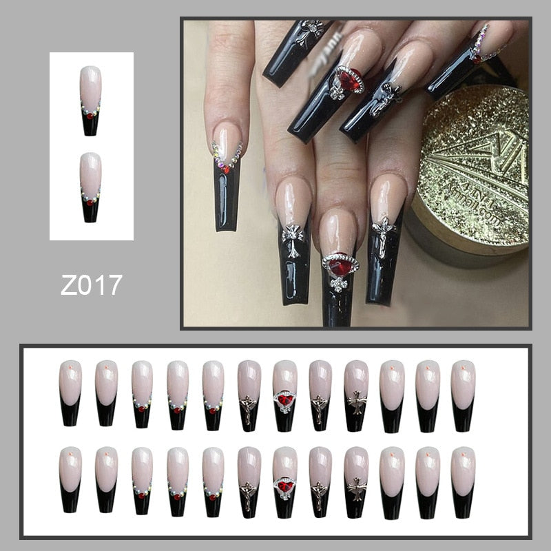 24pcs Press On Tips Nails Long Coffin False Nails Red Rhinestone Full Cover French Ballerina Fake Nails Nail Tips Manicure Tool humolife