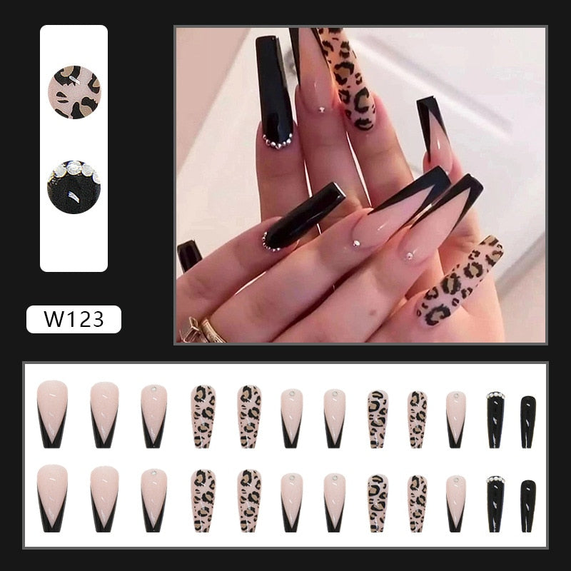 24pcs Press On Tips Nails Long Coffin False Nails Black Deep V Shape With Rhinestones Leopard Full Cover Fake Nails Nail Tips humolife