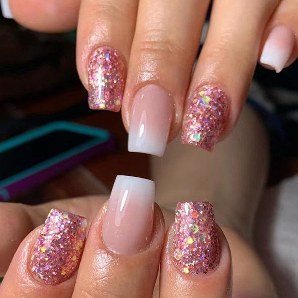 24pcs False Nail Full Cover Fake Nail Elegant Pink Gradient Glitter French Short Nails Coffin Short False Nail Press On Nails humolife