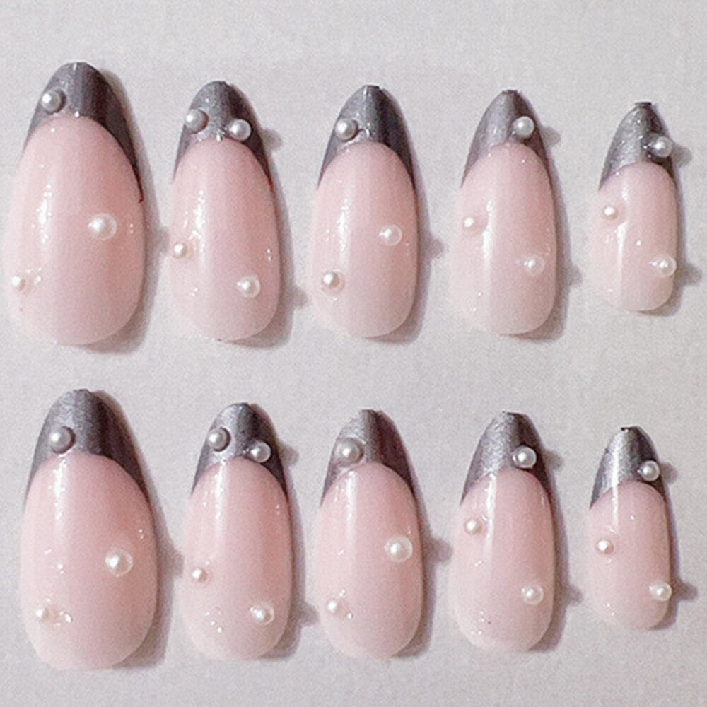 Stiletto False Nails Full Cover Nail Tips Almond Fake Nails With Heart Gold Line Pearl Design Press On Nails Full Cover Nail Tip humolife