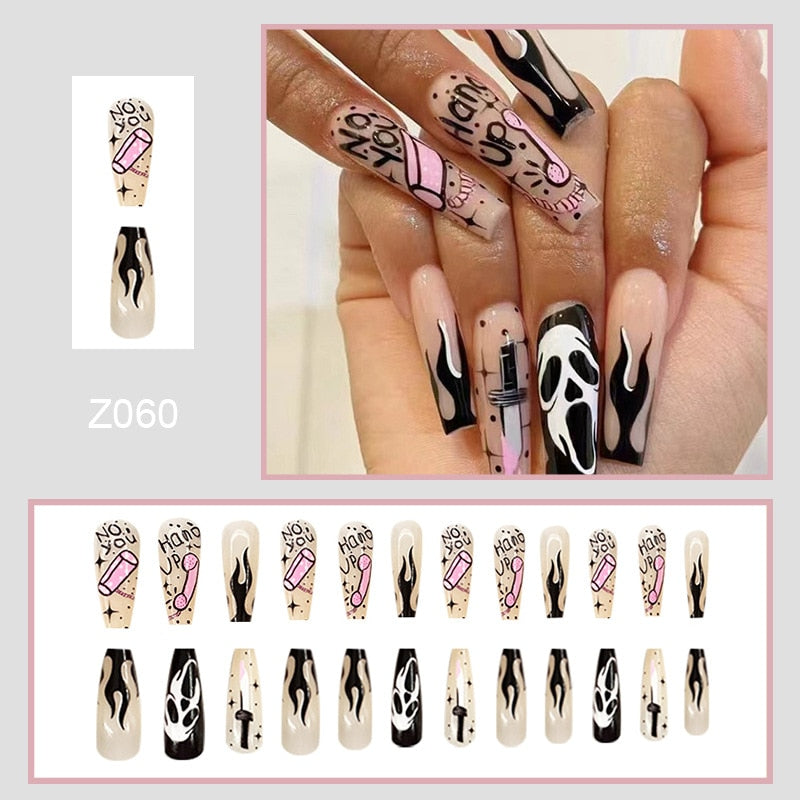 24Pcs Halloween False Nails Wearable French Long Fake Nails Coffin Ballet Press on Nail Black Pumpkin Patch Design Manicure Tips humolife