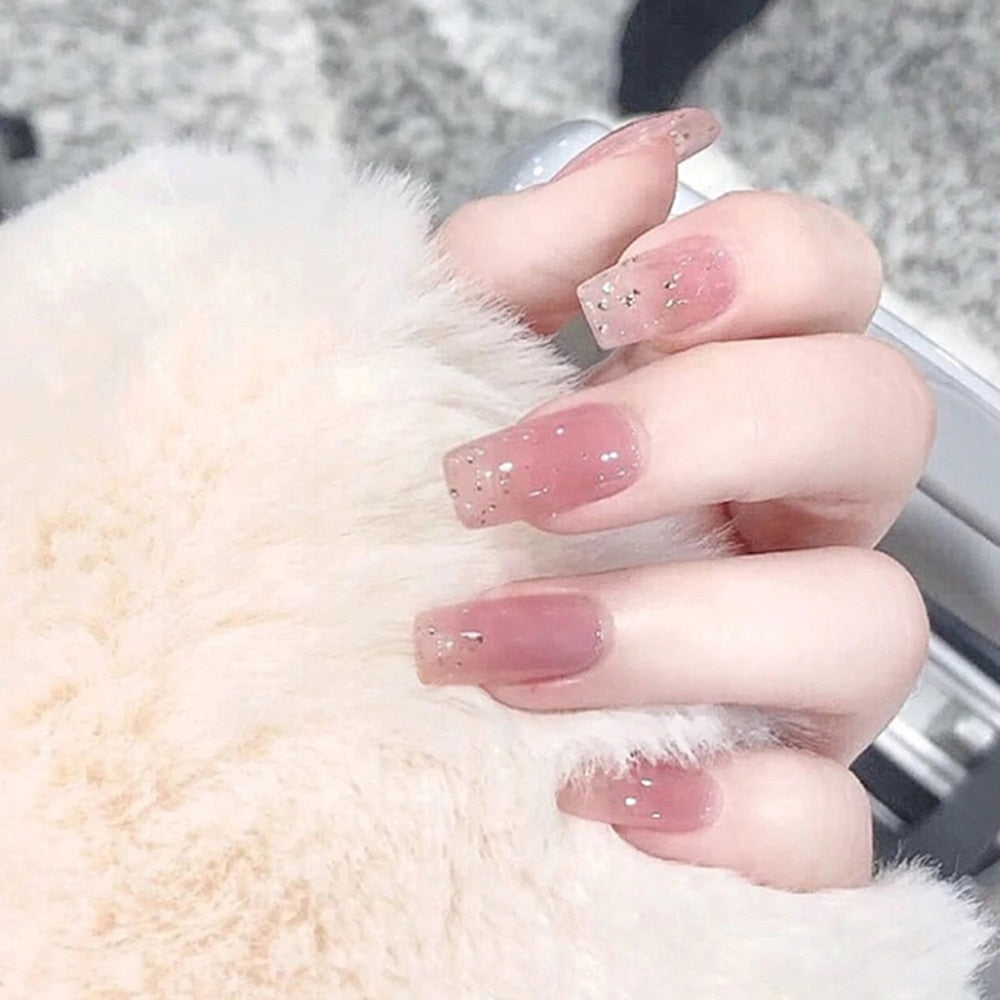 24pcs False Nail Full Cover Fake Nail Elegant Pink Gradient Glitter French Short Nails Coffin Short False Nail Press On Nails humolife