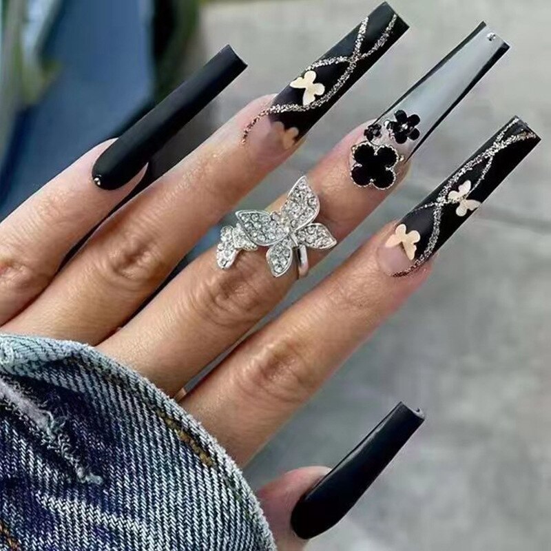 24Pcs Full Cover False Nails Black French Butterfly Design Press on Nails with Rhinestones Ballet Fake Nails Wearable Nail Tips humolife
