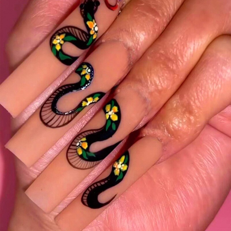 24pcs Long Coffin False Nails With Glue Wearable Ballerina Fake Nails With Design Rhinestone Full Cover Nail Tips Press On Nails humolife