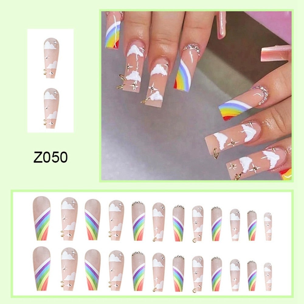 24Pcs Vintage French Long Ballet False Nails With Gold Foil Pearl Rhinestone Design Full Cover Press On Nail Tips Fake Nails humolife