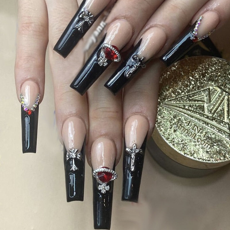 24pcs Press On Tips Nails Long Coffin False Nails Red Rhinestone Full Cover French Ballerina Fake Nails Nail Tips Manicure Tool humolife